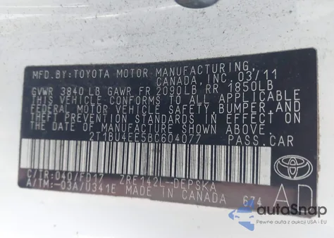 2011 Toyota Corolla S from USA, damaged, VIN 2T1BU4EE5BC604077